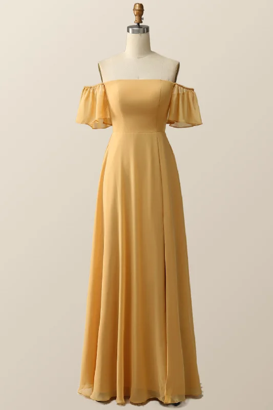 chic shift dressOff the Shoulder Yellow Chiffon Long Bridesmaid Dress