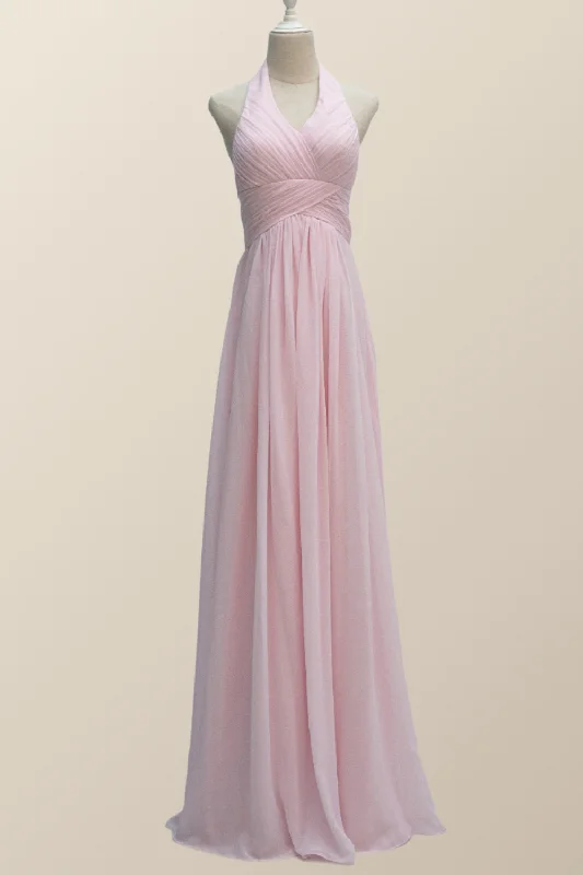 flowy dressHalter Pink Chiffon A-line Long Bridesmaid Dress