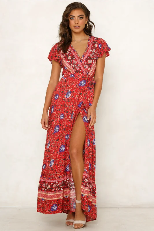 spaghetti strap dressMercury Printed Bardot Wrap Maxi Dress