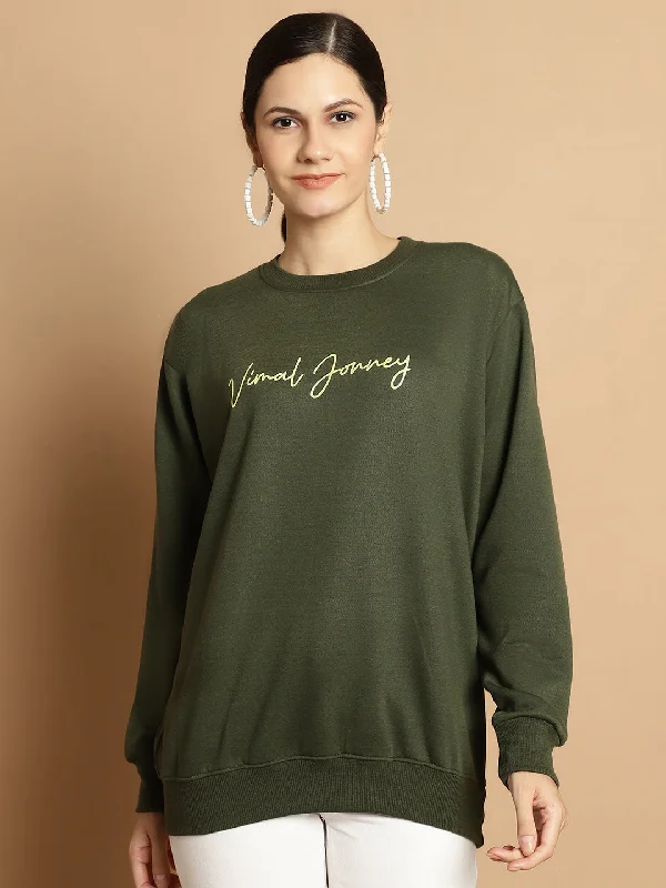 sporty casual hoodieVimal Jonney Olive Printed Round Neck Cotton Fleece Sweatshirt for Women