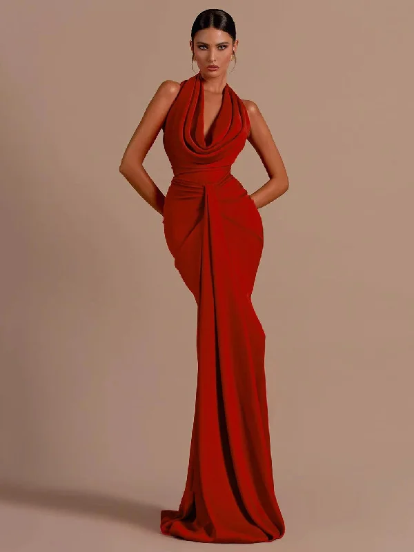 statement dressRed Backless Halter V-Neck Maxi Bodycon Christmas Party Dress