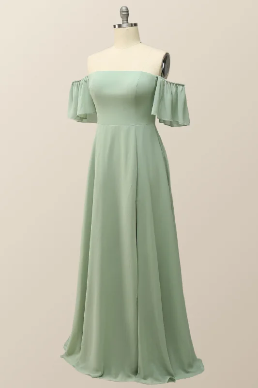 casual dressOff the Shoulder Sage Green Chiffon Long Bridesmaid Dress