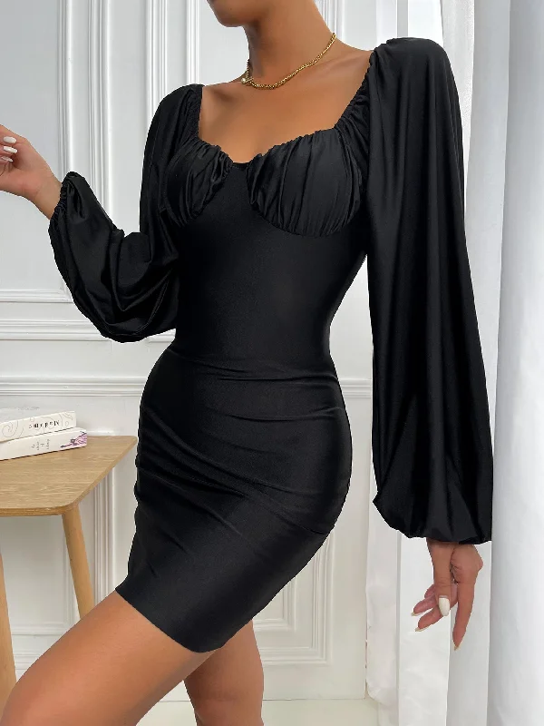 flowy evening dressKittenAlarm - Ruched Bust Lantern Sleeve Bodycon Dress