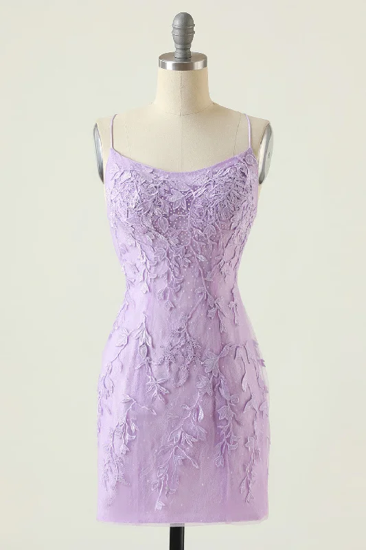 backless dressLavender Lace Straps Tight Mini Dress