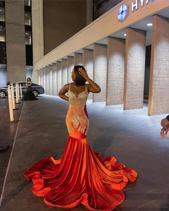 fitted dressNew Arrival Orange Mermaid Prom Dresses Black Girls Formal Party Dress Y66