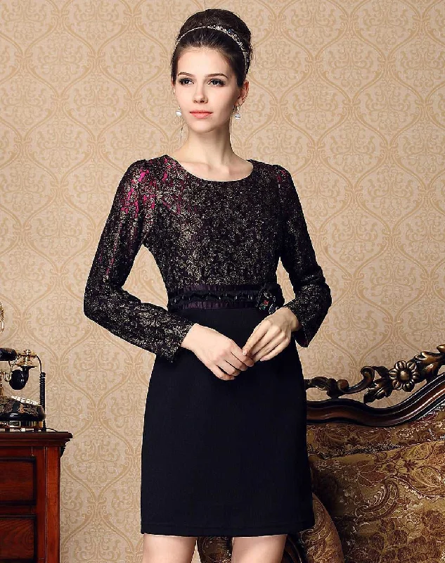 flowy evening dressKittenAlarm - Fashion Women's elegant temperament dress lace stitching slim long-sleeved dress autumn